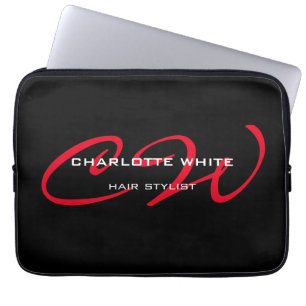 Hair Stylist Monogram Minimalist Modern Black Red Laptop Sleeve