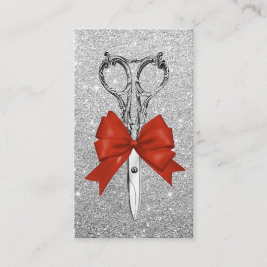 Hair Stylist Scissor & Bow Modern Silver Salon Visitekaartje (Voorkant)