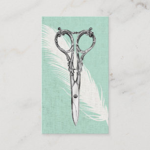 Hair Stylist Scissor & Feather Classy Linen Modern Visitekaartje