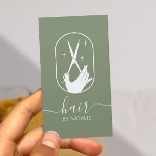 Hair Stylist Scissor & Hand Logo Sage Green Salon Visitekaartje