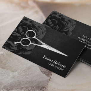 Hair Stylist Silver Scissor Elegant Black Floral Visitekaartje