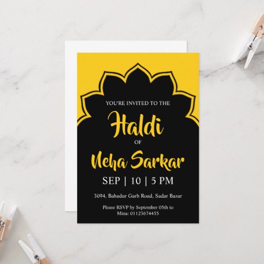 haldi ceremonie uitnodiging (Voorkant / Achterkant in situ)