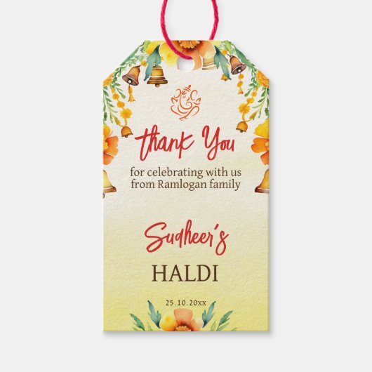 Haldi goudsbloemen klokken Indiase bruiloft dank u Cadeaulabel (Voorkant)