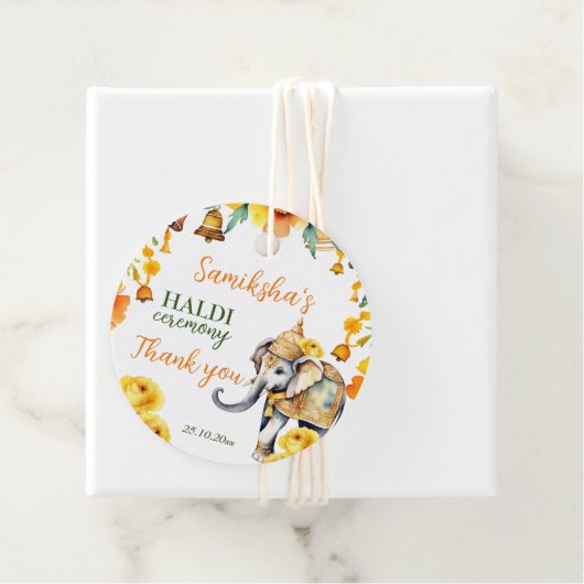 Haldi Indiase bruiloft olifant gele bloemen gunst Bedankjes Labels (In situ)