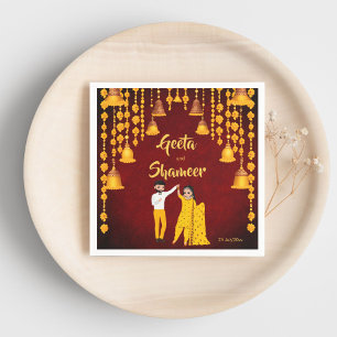 Haldi Mehndi Sangeet Indiase trouw maroon geel Servet