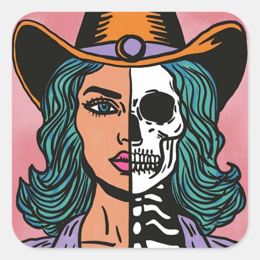 Half Cowgirl Half Skeleton Western Spooky Stickers (Voorkant)