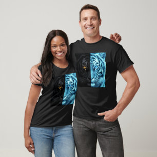 Half Zwart Half Blauw Vuur Tijger Gezicht Digitale T-shirt
