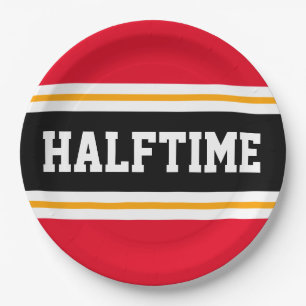 HALFTIME Helder Rood Zwart Wit Gele Strepen Papieren Bordje