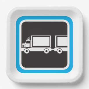 Halfweg vrachtwagen en aanhangwagen blauw pictogra papieren bordje