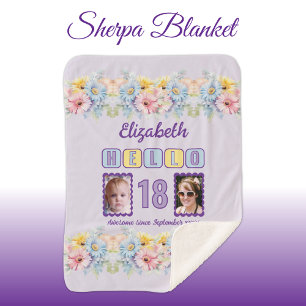 Hallo €18 2 foto naam datum bloemen paarse sherpa deken