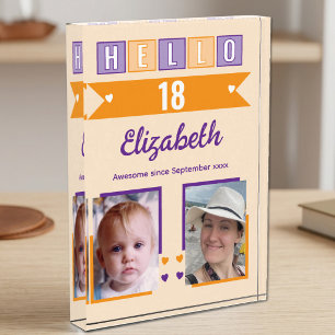 Hallo 18 (elke leeftijd) naam datum oranje paars fotoblokken
