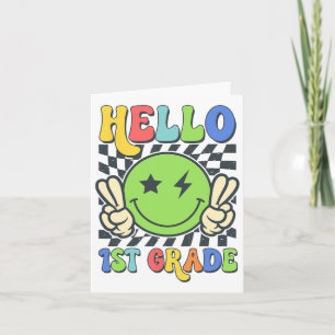 Hallo 1e klas vibes groovy glimlach gezicht terug  kaart