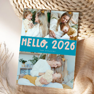 Hallo 2026 Typografie Aqua Blauwe Foto Feestdagenkaart