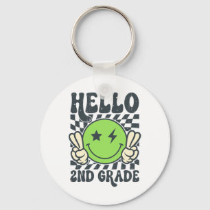 Hallo 2e klas Vibes Groovy Glimlach Gezicht Terug Sleutelhanger