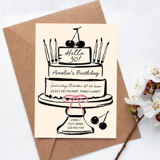 Hallo 30, Handgetekende Roze Strik Moderne Cake Kaart