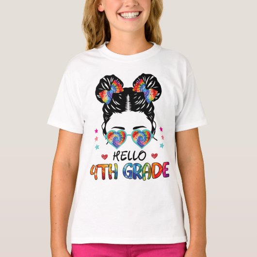 Hallo 4e klas Messy Bun Terug Naar School Meisjes  T-shirt (Voorkant)