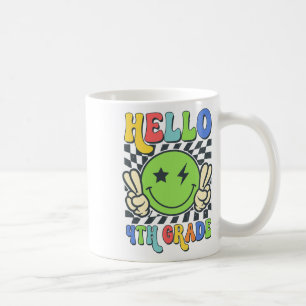 Hallo 4e klas sfeer groovy glimlach gezicht terug koffiemok
