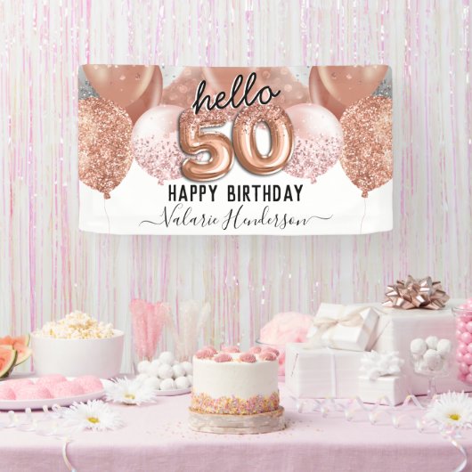 hallo 50 roze Glitter Birthday Balloons Sign Spandoek (Feest)