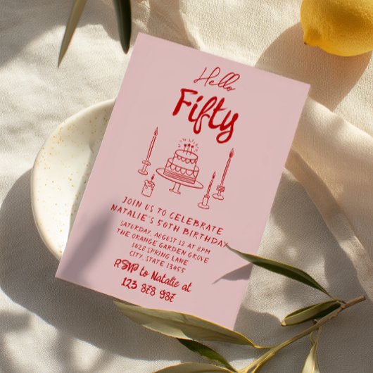 hallo 50e Hand getrokken Roze Rode Cake Kaart