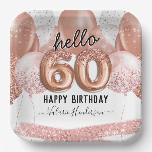 hallo 60 roze glitter Birthday Balloons Papierplaa Papieren Bordje (Voorkant)