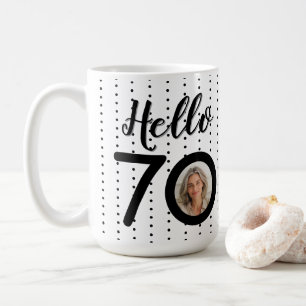 Hallo 70 Zwart & Wit Stippen Foto & Naam Verjaarda Koffiemok