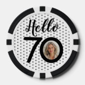 Hallo 70 Zwart & Wit Stippen Foto & Naam Verjaarda Poker Chips (Voorkant)