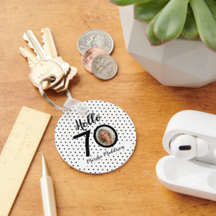 Hallo 70 Zwart & Wit Stippen Foto & Naam Verjaarda Sleutelhanger