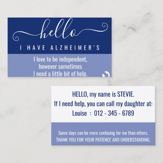 hallo alzheimers bewustzijn en noodcontact visitekaartje (Voorkant / Achterkant)