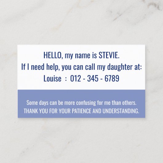 hallo alzheimers bewustzijn en noodcontact visitekaartje (Achterkant)