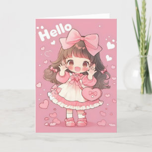 Hallo Anime Chibi Girl Pink Feestdagen Kaart