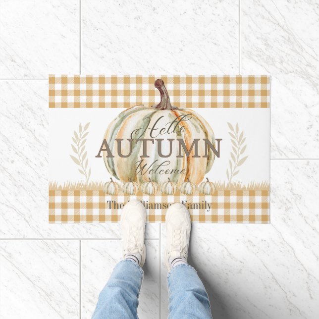Hallo Autumn White Pumpkin Gingham Plaid Naam Deurmat (Binnen)