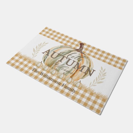 Hallo Autumn White Pumpkin Gingham Plaid Naam Deurmat (Schuin)