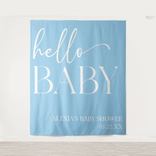 Hallo Baby Baby shower minimalistisch blauw Wandkleed