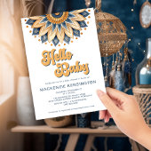 Hallo Baby Blauw Goud Retro Hippie Baby shower Kaart