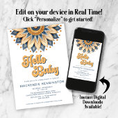 Hallo Baby Blauw Goud Retro Hippie Baby shower Kaart