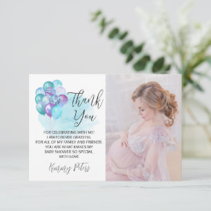 Hallo Baby Blauwgroen Paarse ballonnen Baby shower Bedankkaart