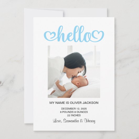 Hallo Baby Blue Hearts Script Birth Aankondiging (Voorkant)