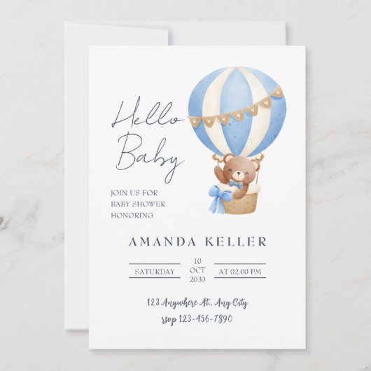 Hallo Baby Blue Hete Luchtballon Baby shower Kaart (Voorkant)