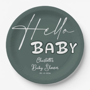 Hallo Baby Elegante Donkergroene Baby Shower Papieren Bordje