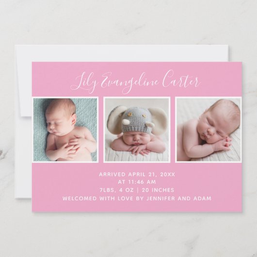 hallo Baby Girl Foto Eenvoudig script roze geboort Aankondiging (Achterkant)