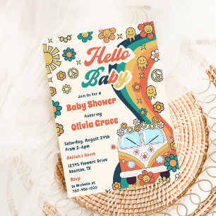 Hallo Baby Groovy Retro Bloemen Baby shower Party Kaart