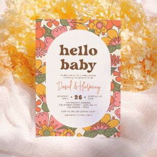 Hallo Baby   Groovy Retro Bloemen Boho Baby Shower Kaart