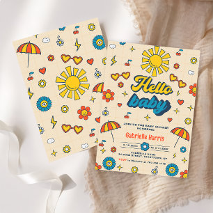 Hallo Baby Groovy Retro Daisy Baby shower Party Kaart