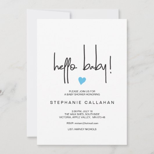 Hallo Baby jongen douche uitnodigen met blauw hart Kaart (Voorkant)