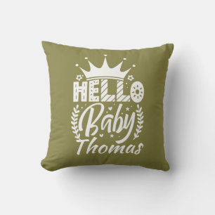 hallo Baby met kroon en naam Olive Green Kussen
