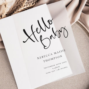 Hallo Baby Modern Script Geboorteaankondiging Vellum Uitnodigingen