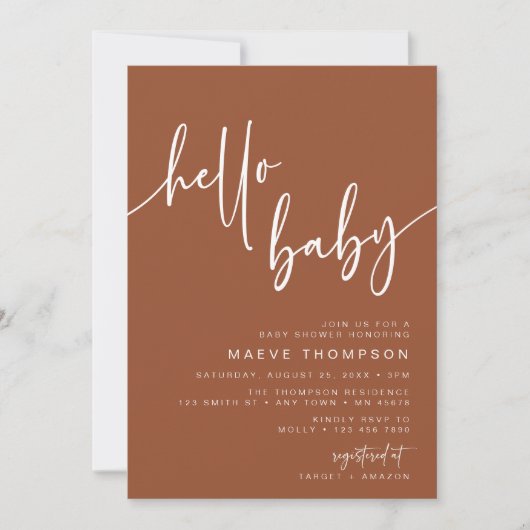 Hallo Baby Modern Terracotta Baby shower Invite Kaart (Voorkant)