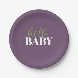 Hallo Baby   Paarse en groene Baby shower Papieren Bordje