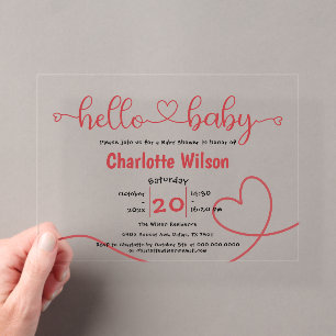 Hallo Baby Rode Hart Minimale Baby Shower Acryl Uitnodigingen