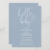 Hallo Baby Script Dusty Blue Boy Baby shower Kaart (Voorkant / Achterkant)
